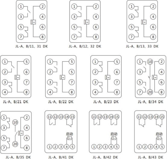 JL-A、B/32 DK無輔源電流繼電器內(nèi)部接線及外引端子圖（正視圖）