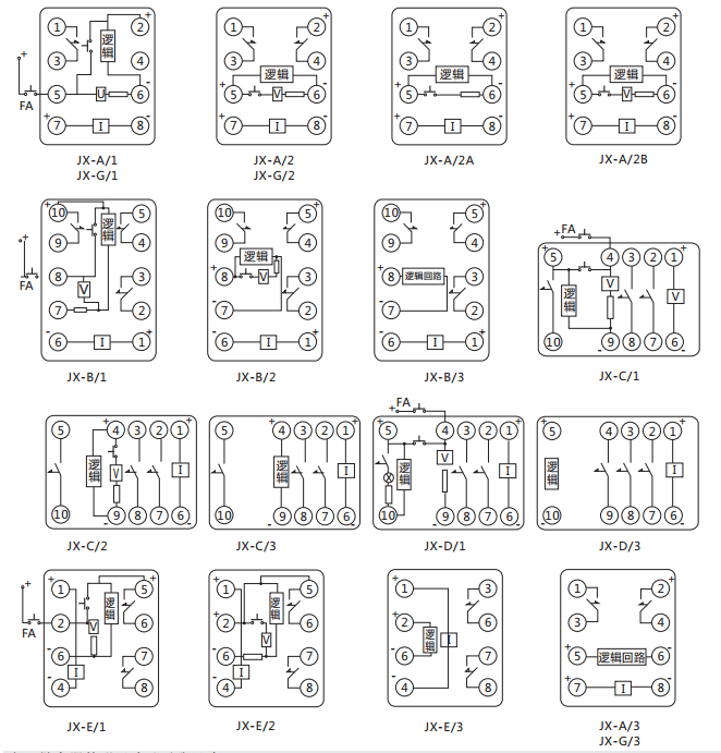 JX-A靜態(tài)信號繼電器內(nèi)部接線及外引接線圖（正視圖）