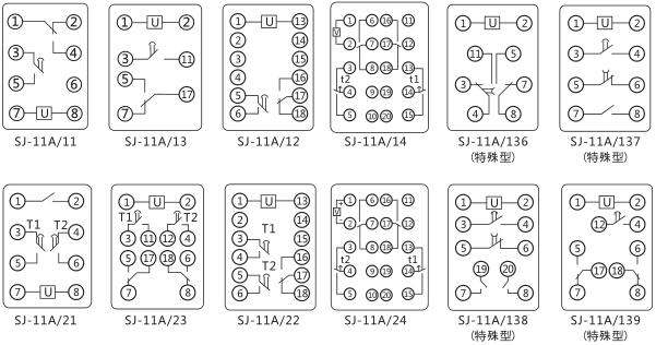 SJ-11A/11集成電路時(shí)間繼電器內(nèi)部接線圖及外引接線圖片