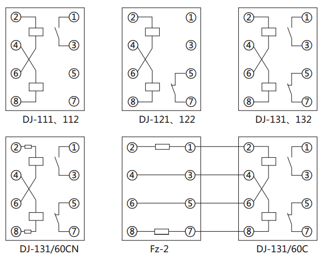 DJ-131/60C電壓繼電器內(nèi)部接線(xiàn)及外引接線(xiàn)圖（正視圖）