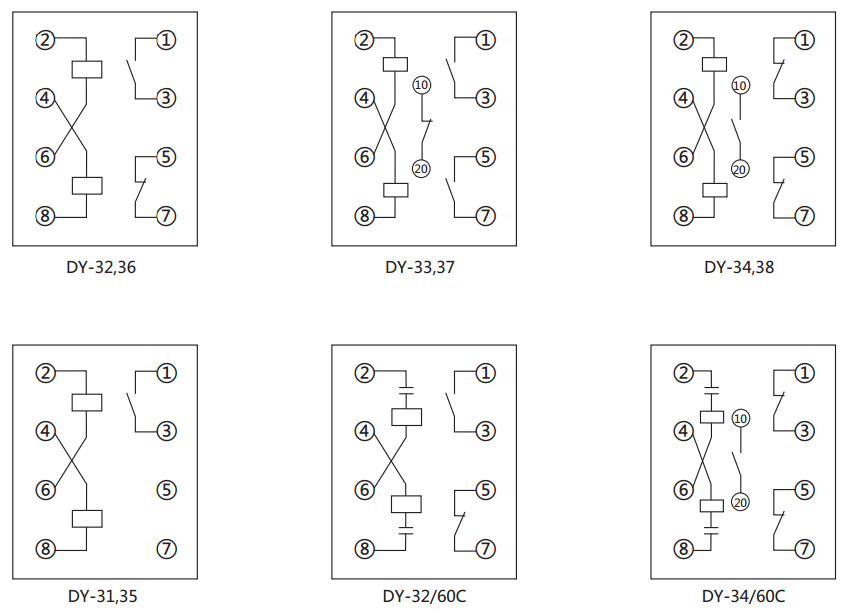 DY-38電壓繼電器內(nèi)部接線圖及外引接線圖(背視圖)