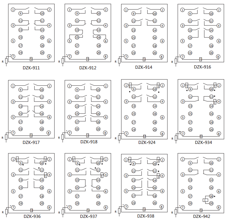 DZK-914快速中間繼電器內(nèi)線接線及外引接線圖(正視圖)