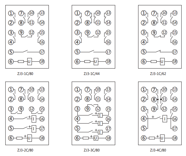 ZJ3-1C/80快速中間繼電器內(nèi)部接線圖及外引接線圖(正視圖)