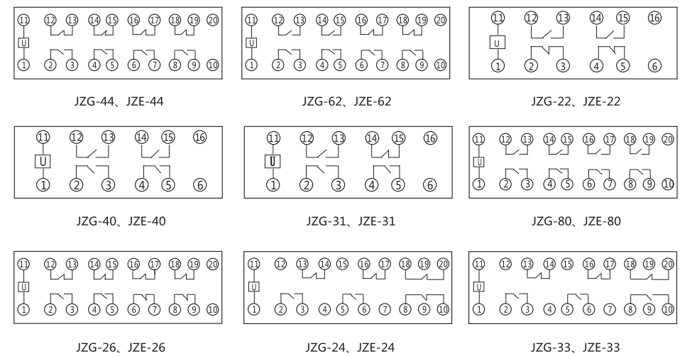 JZG-31卡軌式靜態(tài)中間繼電器內(nèi)部端子外引接線圖