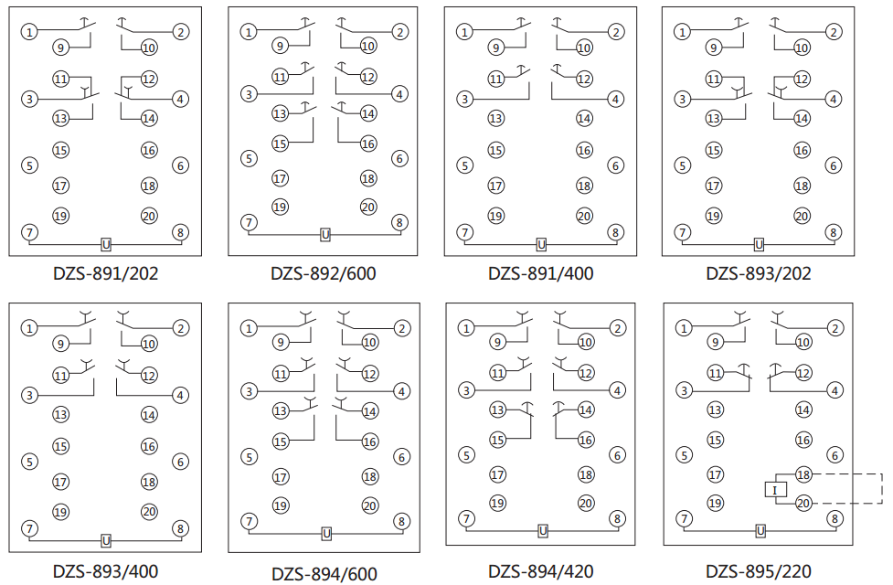 DZS-895延時中間繼電器內(nèi)部接線圖及外引接線圖（背視）